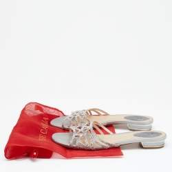 Rene Caovilla Light Grey Crystal Embellished Leather Strappy Flat Slides Size 38.5