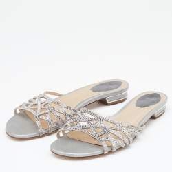 Rene Caovilla Light Grey Crystal Embellished Leather Strappy Flat Slides Size 38.5