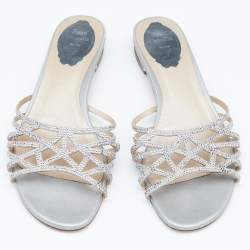 Rene Caovilla Light Grey Crystal Embellished Leather Strappy Flat Slides Size 38.5