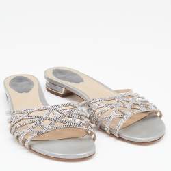 Rene Caovilla Light Grey Crystal Embellished Leather Strappy Flat Slides Size 38.5