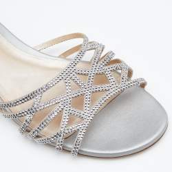 Rene Caovilla Light Grey Crystal Embellished Leather Strappy Flat Slides Size 38.5