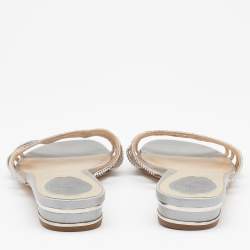 Rene Caovilla Light Grey Crystal Embellished Leather Strappy Flat Slides Size 38.5