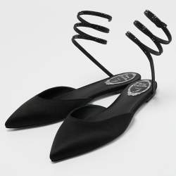 Rene Caovilla Black Satin Embellished Ankle Wrap Flat Mules Size 38
