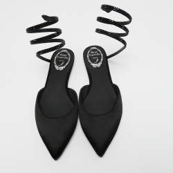 Rene Caovilla Black Satin Embellished Ankle Wrap Flat Mules Size 38