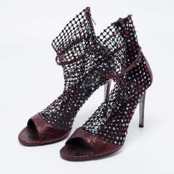 Rene Caovilla Metalic Red Texture Leather And Mesh Crystal Embellished Galaxia Sandals Size 38