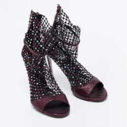 Rene Caovilla Metalic Red Texture Leather And Mesh Crystal Embellished Galaxia Sandals Size 38