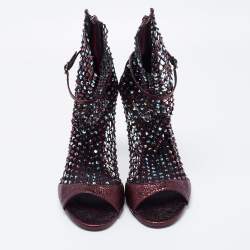 Rene Caovilla Metalic Red Texture Leather And Mesh Crystal Embellished Galaxia Sandals Size 38