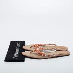 Pre Owned René Caovilla Gold/Beige Satin Embellished Thong  Sandals Size 39