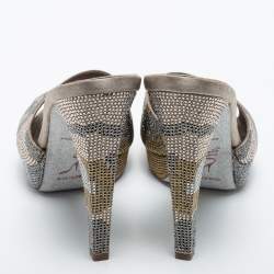 René Caovilla Grey Satin Crystal Embellishment Slides Size 40  