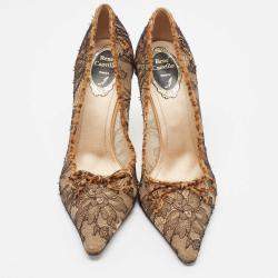 Pre Owned René Caovilla Brown/Black Lace and Calf Hair Bow Pointed Toe Pumps Size 40