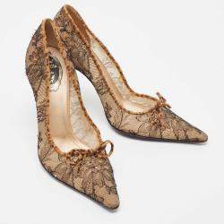 Pre Owned René Caovilla Brown/Black Lace and Calf Hair Bow Pointed Toe Pumps Size 40