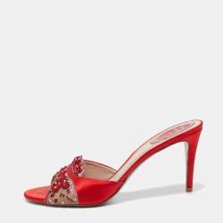 René Caovilla Red Crystal Embellished Mesh and Satin Slide Sandals Size 41