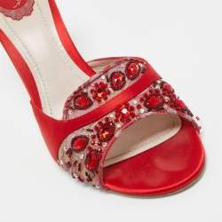 René Caovilla Red Crystal Embellished Mesh and Satin Slide Sandals Size 41
