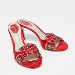 René Caovilla Red Crystal Embellished Mesh and Satin Slide Sandals Size 41