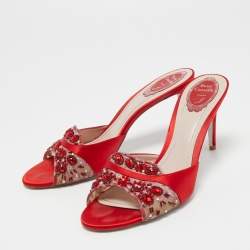 René Caovilla Red Crystal Embellished Mesh and Satin Slide Sandals Size 41