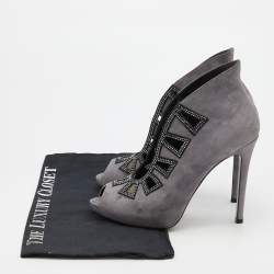 Pre Owned René Caovilla Grey/Black Suede Crystal Embellished Peep Toe Pumps Size 37