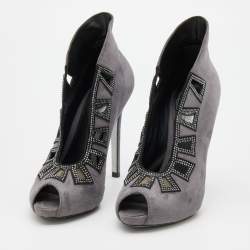 Pre Owned René Caovilla Grey/Black Suede Crystal Embellished Peep Toe Pumps Size 37