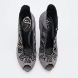 Pre Owned René Caovilla Grey/Black Suede Crystal Embellished Peep Toe Pumps Size 37