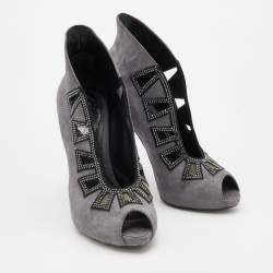 Pre Owned René Caovilla Grey/Black Suede Crystal Embellished Peep Toe Pumps Size 37
