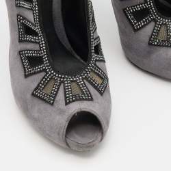 Pre Owned René Caovilla Grey/Black Suede Crystal Embellished Peep Toe Pumps Size 37