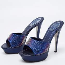 Pre Owned René Caovilla Navy Blue Satin and Leather Crystals Embellished Platform Sandals Size 38.5