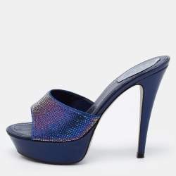 Pre Owned René Caovilla Navy Blue Satin and Leather Crystals Embellished Platform Sandals Size 38.5