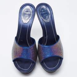 Pre Owned René Caovilla Navy Blue Satin and Leather Crystals Embellished Platform Sandals Size 38.5