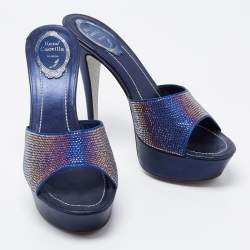 Pre Owned René Caovilla Navy Blue Satin and Leather Crystals Embellished Platform Sandals Size 38.5