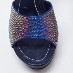 Pre Owned René Caovilla Navy Blue Satin and Leather Crystals Embellished Platform Sandals Size 38.5
