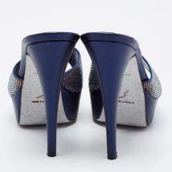 Pre Owned René Caovilla Navy Blue Satin and Leather Crystals Embellished Platform Sandals Size 38.5