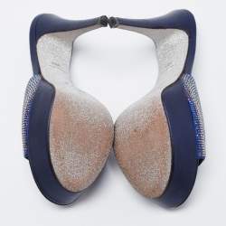 Pre Owned René Caovilla Navy Blue Satin and Leather Crystals Embellished Platform Sandals Size 38.5