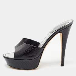 Rene Caovilla Black Croc Embossed Leather Platform Sandals Size 38