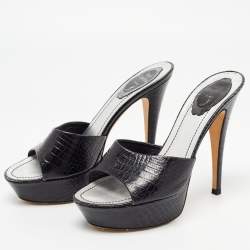 Rene Caovilla Black Croc Embossed Leather Platform Sandals Size 38