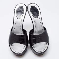 Rene Caovilla Black Croc Embossed Leather Platform Sandals Size 38