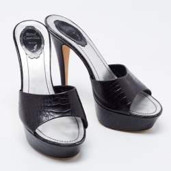 Rene Caovilla Black Croc Embossed Leather Platform Sandals Size 38