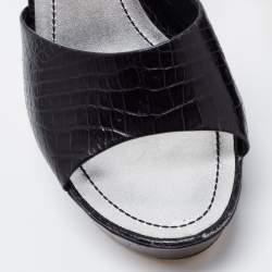 Rene Caovilla Black Croc Embossed Leather Platform Sandals Size 38