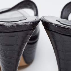 Rene Caovilla Black Croc Embossed Leather Platform Sandals Size 38