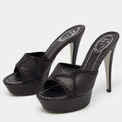 Pre Owned Rene Caovilla Black Watersnake Leather Crystals Embellished Sandals Size 37.5