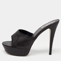 Pre Owned Rene Caovilla Black Watersnake Leather Crystals Embellished Sandals Size 37.5