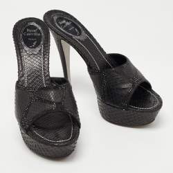 Pre Owned Rene Caovilla Black Watersnake Leather Crystals Embellished Sandals Size 37.5