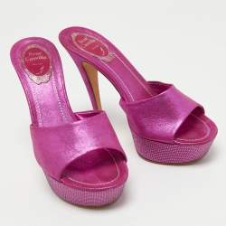 Pre Owned René Caovilla Pink Shimmer Nubuck Leather Crystals Platform Sandals Size 37