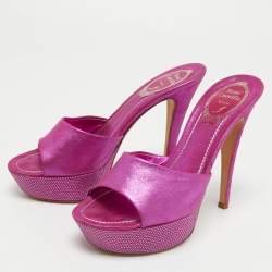 Pre Owned René Caovilla Pink Shimmer Nubuck Leather Crystals Platform Sandals Size 37