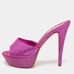 Pre Owned René Caovilla Pink Shimmer Nubuck Leather Crystals Platform Sandals Size 37