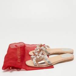 Rene Caovilla Metallic Leather Crystal and Pearl Embellished Bow Flat Slides Size 38