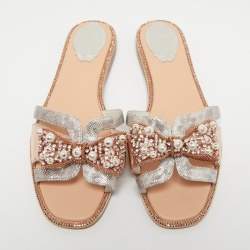 Rene Caovilla Metallic Leather Crystal and Pearl Embellished Bow Flat Slides Size 38