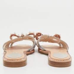 Rene Caovilla Metallic Leather Crystal and Pearl Embellished Bow Flat Slides Size 38