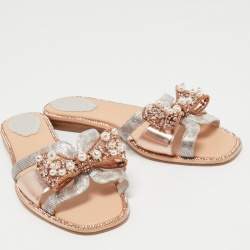 Rene Caovilla Metallic Leather Crystal and Pearl Embellished Bow Flat Slides Size 38
