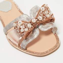 Rene Caovilla Metallic Leather Crystal and Pearl Embellished Bow Flat Slides Size 38