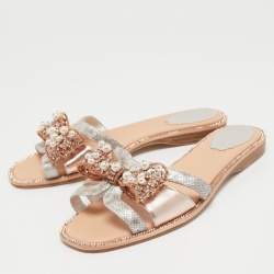 Rene Caovilla Metallic Leather Crystal and Pearl Embellished Bow Flat Slides Size 38