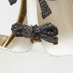 Pre Owned René Caovilla White/Black Lizard Embossed Leather Bow Crystals T Strap Pumps Size 39 